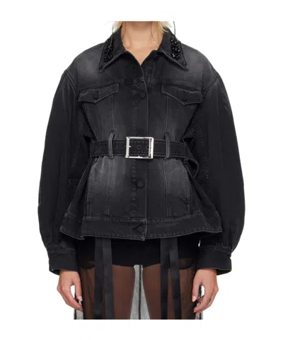 SIMONE ROCHA DENIM JACKET WITH DECORATIVE CARVED BELT DETAILS