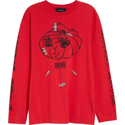 Simone Rocha Dim Sum Logo Long Sleeve Cotton Graphic T-shirt In Red