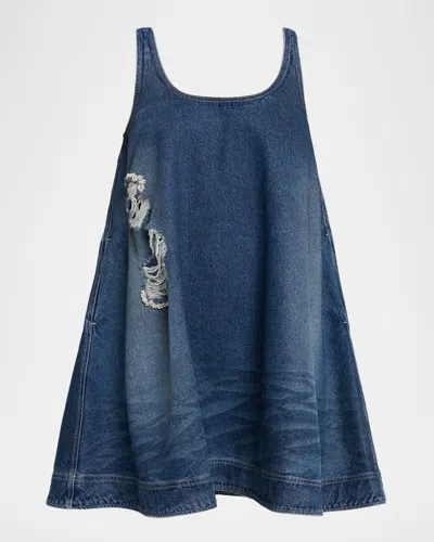 Simone Rocha Distressed Denim A-line Mini Dress In Blue