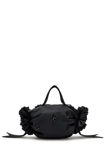 Simone Rocha Double Ribbon Rosette Mini Nylon Top Handle Bag In Black