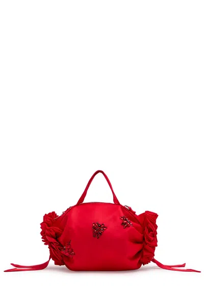 Simone Rocha Double Ribbon Rosette Mini Nylon Top Handle Bag In Red