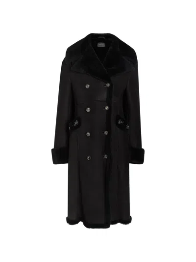 Simone Rocha Double-breasted Shearling-trimmed Coat In Black