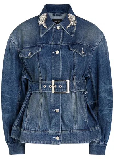 Simone Rocha Embellished Belted Denim Jacket In Blue