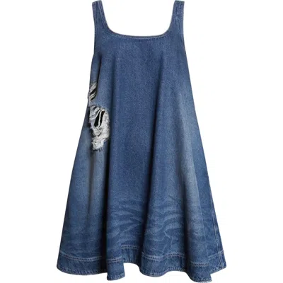 Simone Rocha Embellished Distressed Denim A-line Dress In Blue