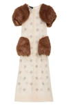 Simone Rocha Embellished Faux Fur Panel Sheer Midi Dress In Nude/diamante/brown