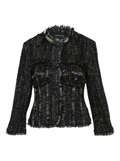 Simone Rocha Embellished Frayed-edge Tweed Jacket In Black
