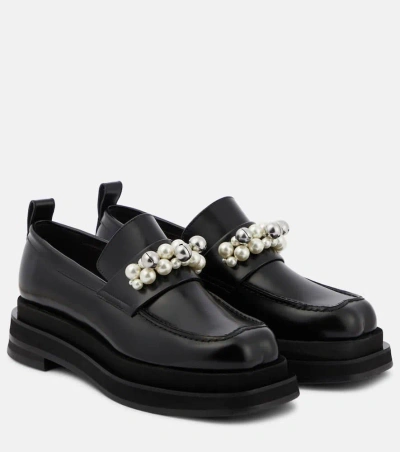 Simone Rocha Embellished Leather Platform Loafers In Black/pearl