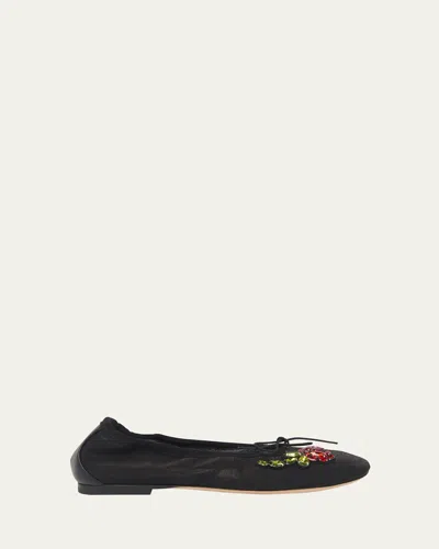 Simone Rocha Embellished Mesh Ballerina Flats In Black