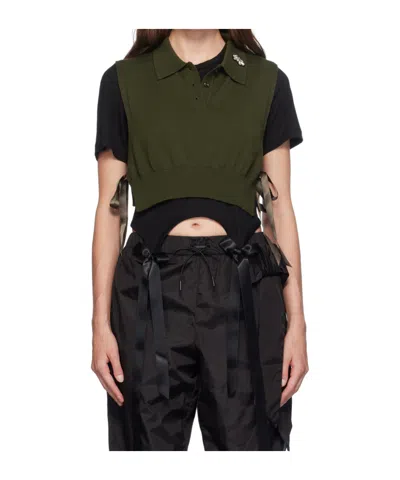 Simone Rocha Embellished Polo Collar Vest In Moss/clear