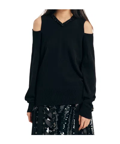Simone Rocha Embellished Relaxed Cashmere Slash V-neck Jumper In Black