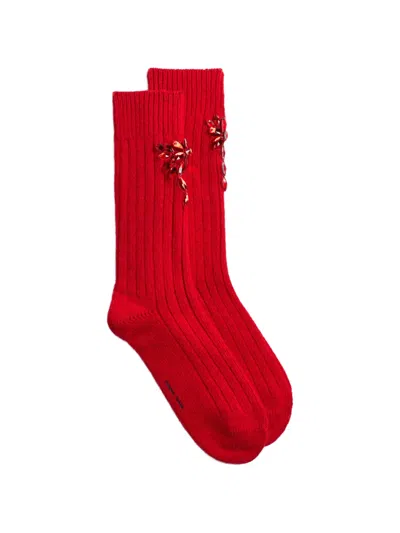 Simone Rocha Embellished Ribbed Socks In Red