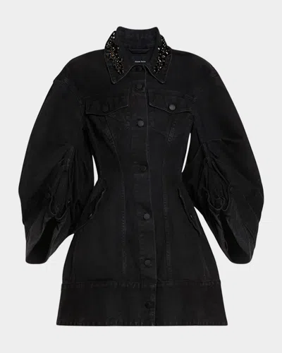 Simone Rocha Embellished Sculpted Denim Coat In Black
