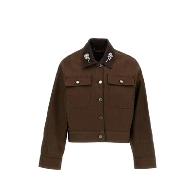 Simone Rocha Embellished-collar Cropped Denim Jacket In Brown