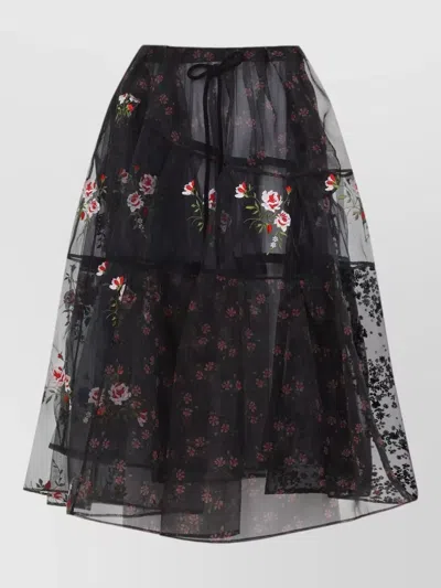 Simone Rocha Embroidered Midi Skirt Layered Sheer Drawstring In Black