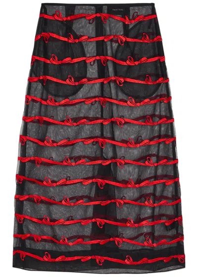 Simone Rocha Embroidered Sheer Tulle Midi Skirt In Black Red