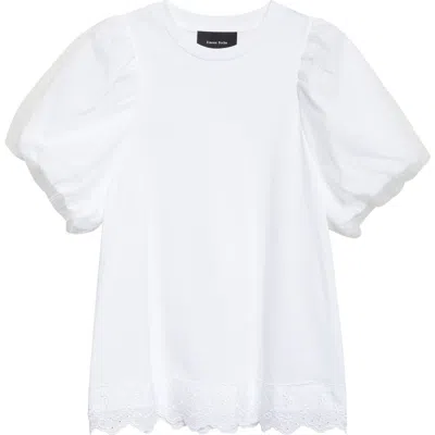 Simone Rocha Eyelet Trim Puff Sleeve Knit Top In White