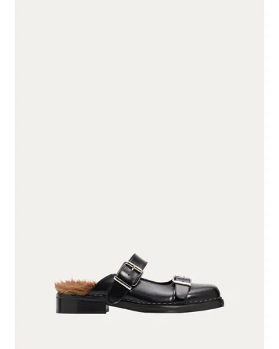 Simone Rocha Faux Fur Lined Leather Mary Jane Mules In Black