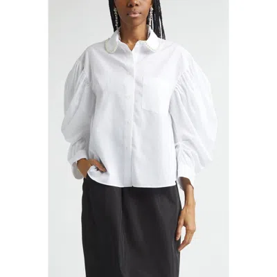 Simone Rocha Faux Pearl Boxy Balloon Sleeve Cotton Button-up Shirt In White