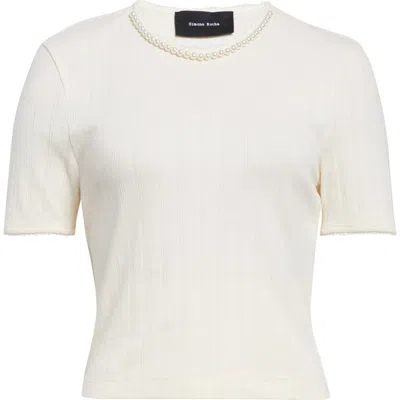 Simone Rocha Faux Pearl Crop Cotton Pointelle Rib T-shirt In White