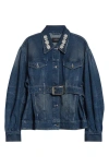 Simone Rocha Faux Pearl Detail Belted Denim Jacket In Multi