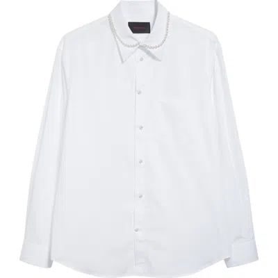 Simone Rocha Faux Pearl Detail Classic Fit Cotton Button-up Shirt In White/pearl