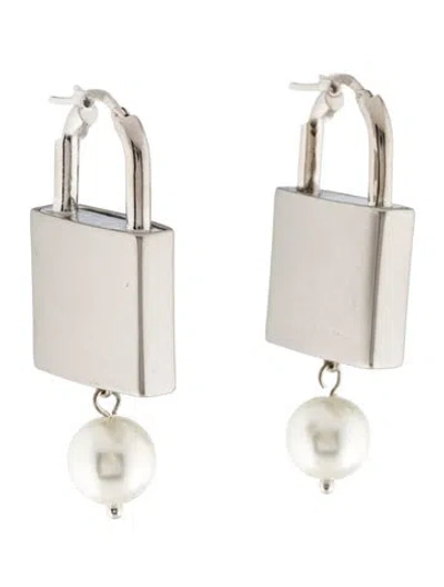 Pre-owned Simone Rocha Faux Pearl Padlock Hoop Drop Earrings In White