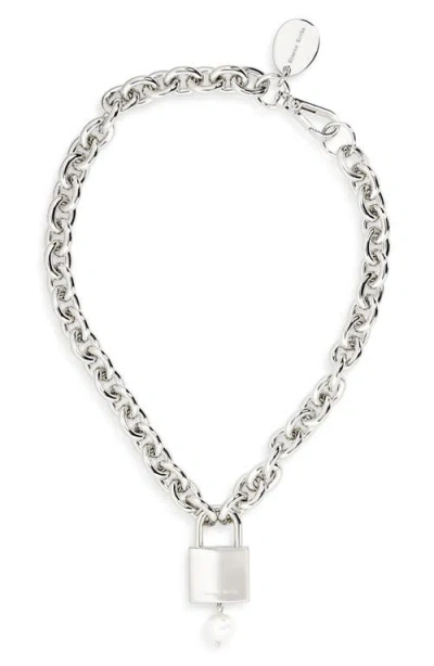 Simone Rocha Faux Pearl Padlock Pendant Necklace In Metallic