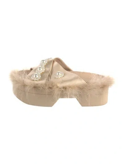 Pre-owned Simone Rocha Feather Trim Slides In Neutral