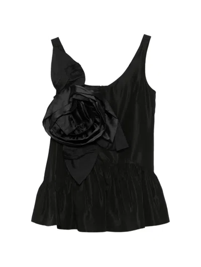 Simone Rocha Floral-appliqué Ruffled Taffeta Top In Black