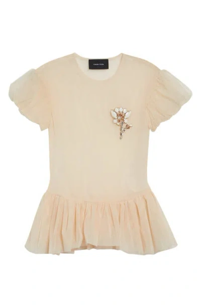 Simone Rocha Floral Embellished Sheer Tulle Peplum Top In Pink