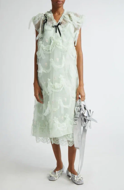 simone rocha green dress Simone Rocha Floral Embroidered Midi Sack Dress In Green