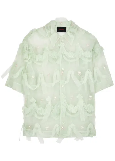 Simone Rocha Floral-embroidered Ruffled Tulle Shirt In Mint