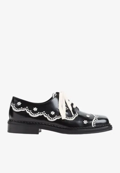 Simone Rocha Floral Lace Brogues With Scalloped Embroidery In Black Cream