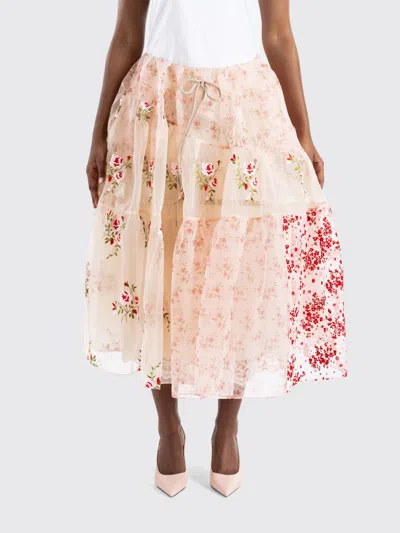 Simone Rocha Floral Print Crêpe Midi Skirt With A Flared Shape And Drawstring In Pink