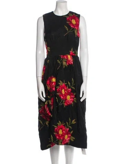 Pre-owned Simone Rocha Floral Print Midi Length Dress In Black