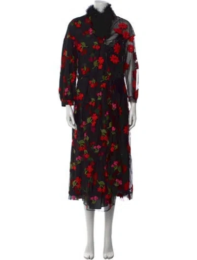 Pre-owned Simone Rocha Floral Print Midi Length Dress In Black
