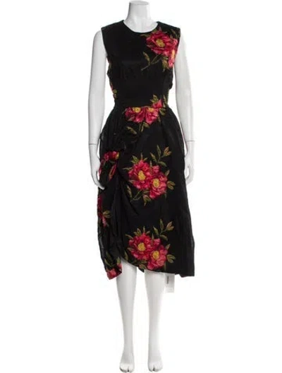 Pre-owned Simone Rocha Floral Print Midi Length Dress In Black