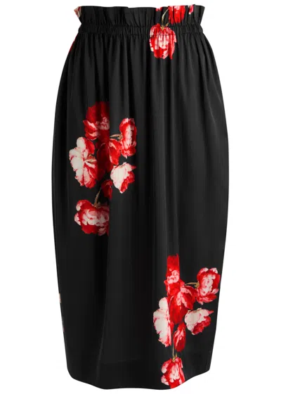 Simone Rocha Floral-print Stretch-satin Midi Skirt In Black Red