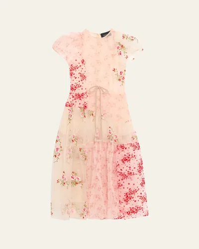 Simone Rocha Floral Sheer Organza Puff-sleeve Midi Dress In Pink