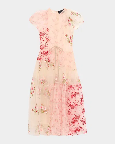 Simone Rocha Floral Sheer Organza Puff-sleeve Midi Dress In Pink