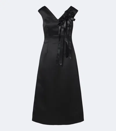 Simone Rocha Floral-appliqué Satin Midi Dress In Black