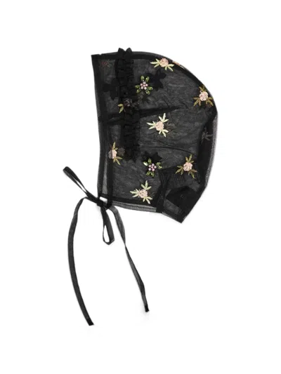 Simone Rocha Floral-embroidered Ruffled Bonnet In Black