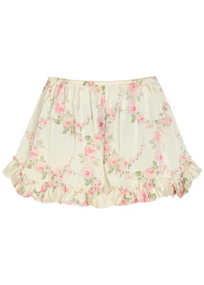 Simone Rocha Floral-print Ruffled Stretch-satin Shorts In Neutral
