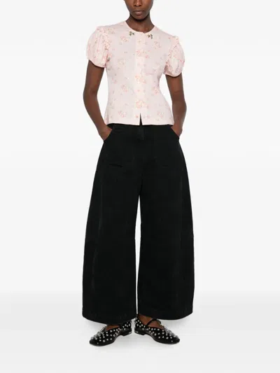 Simone Rocha Floral-print Ruffled-sleeve T-shirt In Metallic