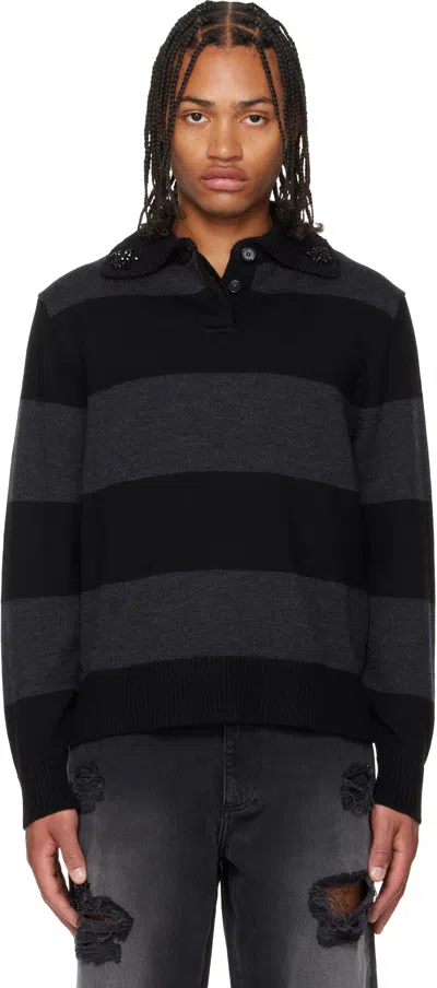 Simone Rocha Gray & Black Embellished Fuzzy Collar Rugby Polo