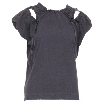 Pre-owned Simone Rocha Gray Cold Shoulder Ruched Ribbon Detail Puff Sleeve Cotton Top S