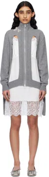 Simone Rocha Gray Embellished Window Zip-up Cardigan In Pebble/pearl/clear