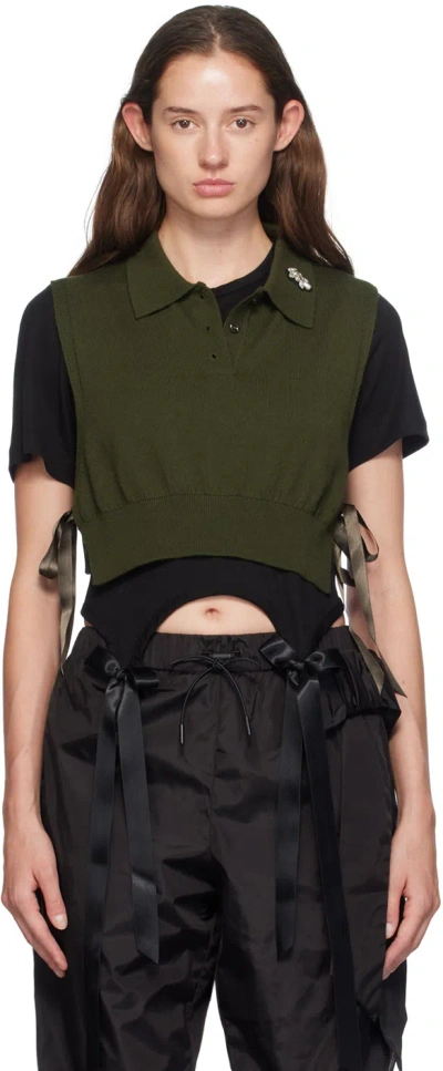 Simone Rocha Green Embellished Knit Vest In Moss/clear