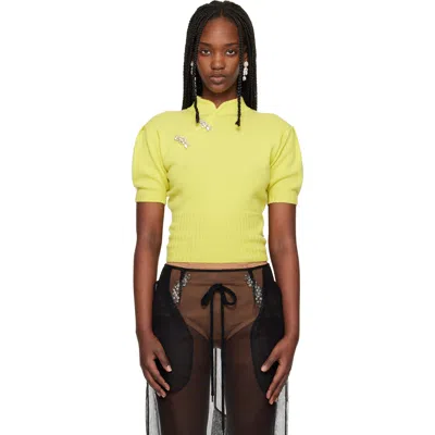 Simone Rocha Green Embellished Mandarin Collar Cashmere Sweater In Yellow