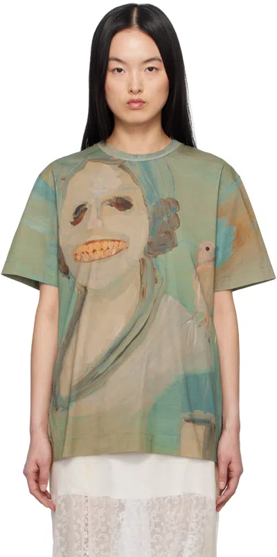Simone Rocha Green 'lady With A Bird' T-shirt In Multi